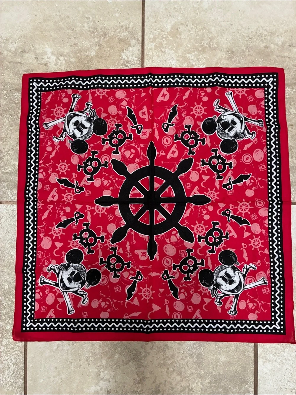 Disney Red Pirate Bandana with Black Skull & Wheel Print